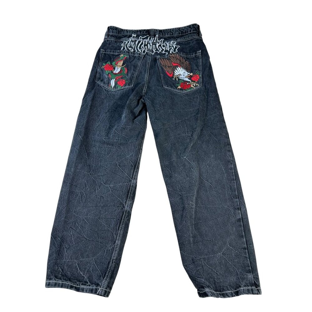 Ninth Hall Jeans Y2K AMBUSH Black Sz 30 Baggy Roses Snake Eagle Embroidered